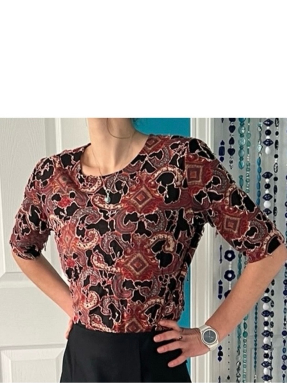 Vintage T-Shape Top Burgundy Orange Plum Neutral Irregular Cut-Outs /🇨🇦 Designer